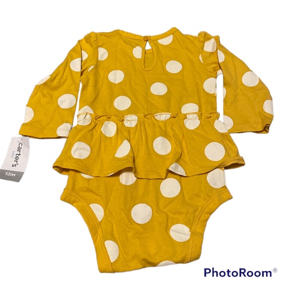 NWT Carter’s Long Sleeve Yellow and White Polka Dot Peplum One Piece 12 Months - Picture 2 of 4